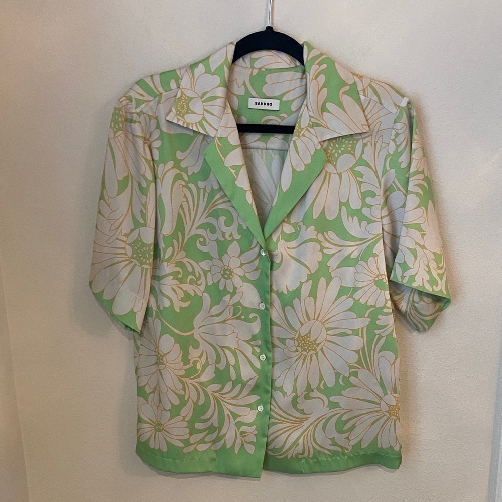 Sandro Limonade Boxy Floral Satin Shirt Green Lemon Print Size M